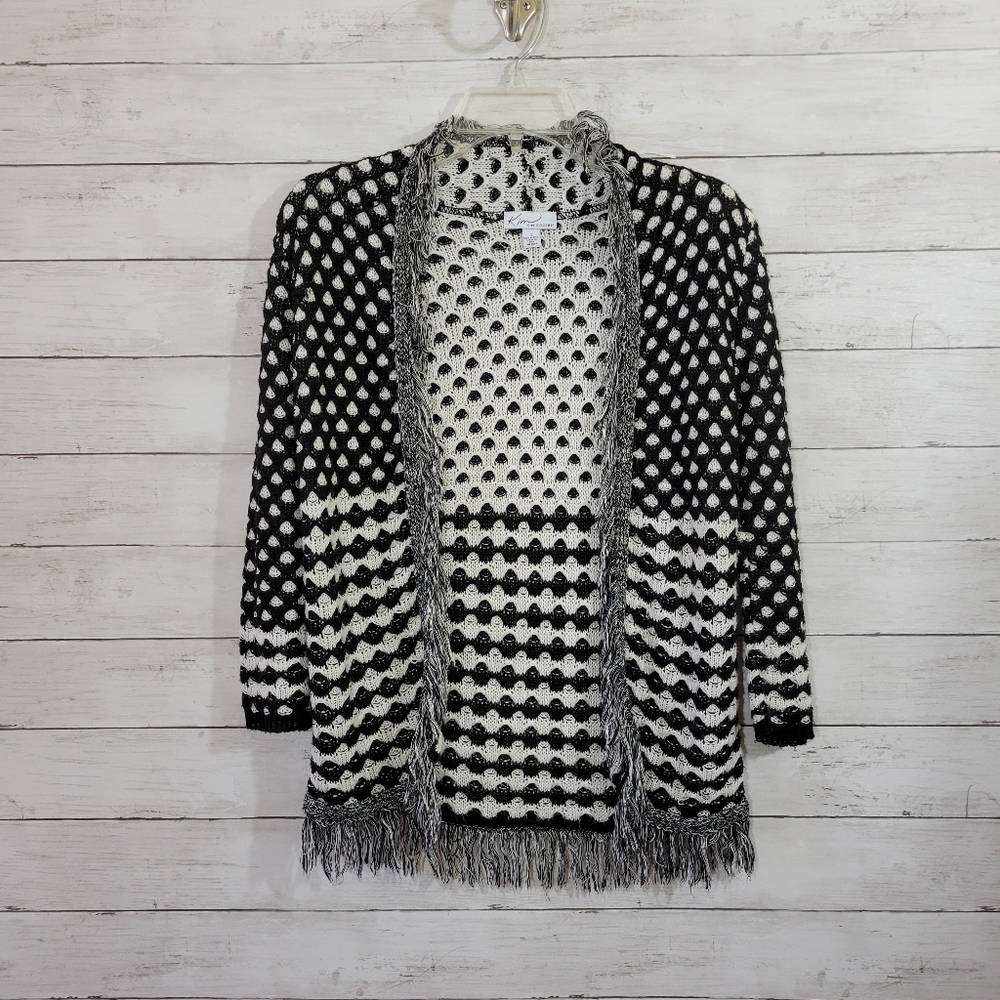 Kim Rogers Black White‎ Patterned Fringe Sweater Open Front Cardigan Size Small